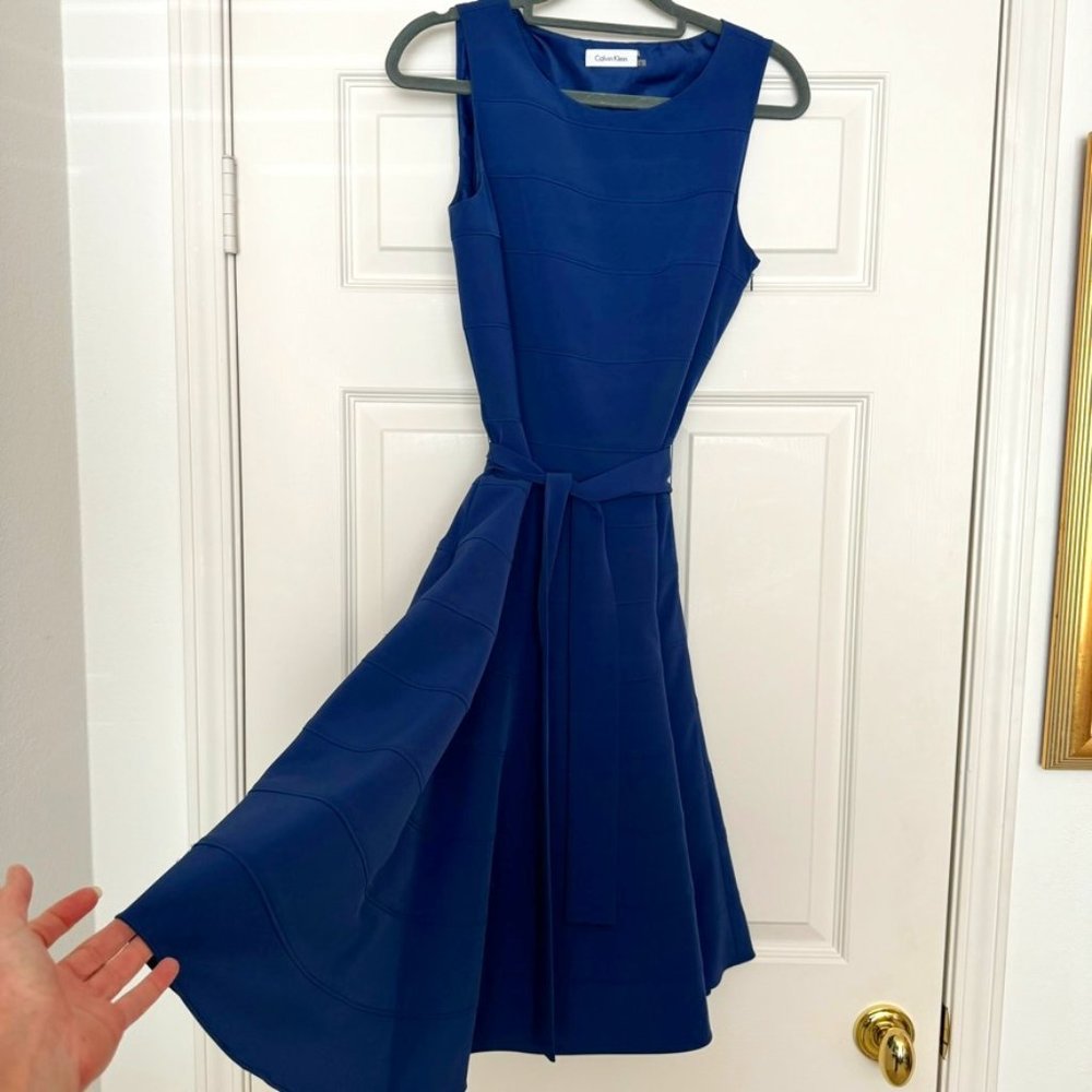 CALVIN KLEIN Belted Fit Flare Dress Blue Details Size 2 Like New from Saks